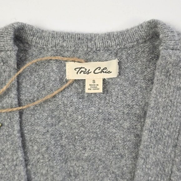 Tres Chic Women's Grey Wool Blend Open Front Long Length Cardigan Pockets Size S - Picture 5 of 14